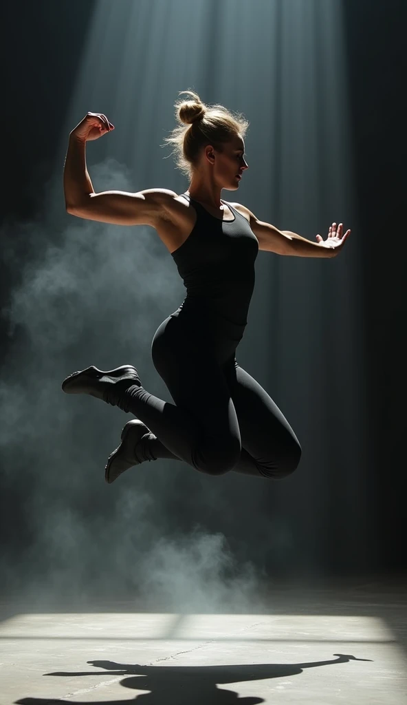 The dancer executes a powerful leap, her body fully extended and muscles visibly flexing. The studios void black wall serves as a stark backdrop, with billowing smoke creating dramatic silhouettes. The lighting emphasizes the peak of her leap, casting dyna...