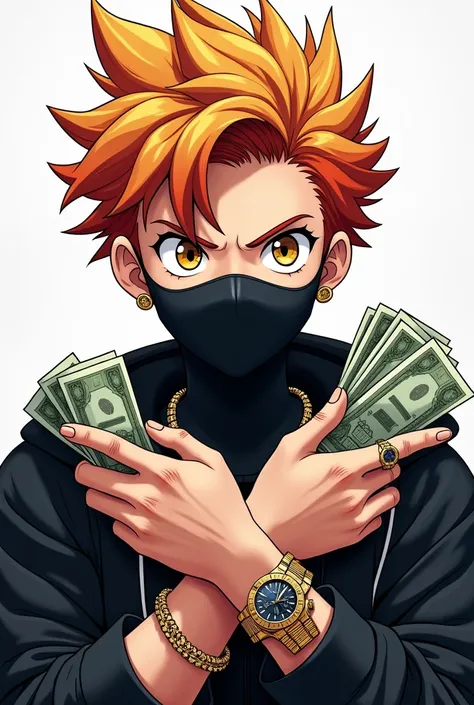 Generate an anime of a teenage guy wearing a mask and fancy wrist watches and flauncting cash money