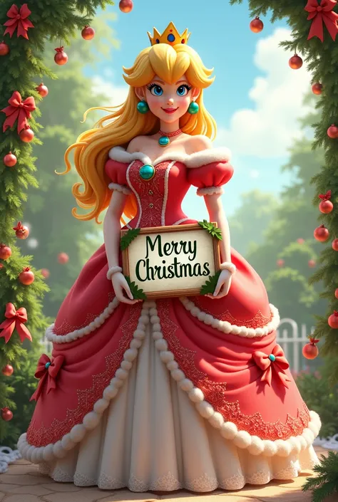 Princess peach wearing Christmas dress holding a sign text marry Christmas summer 