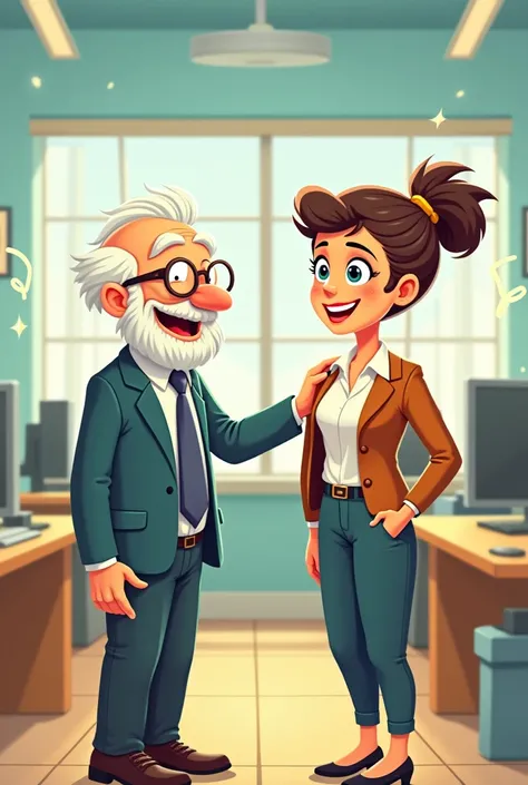 Cartoon image of an old employee welcoming a new employee