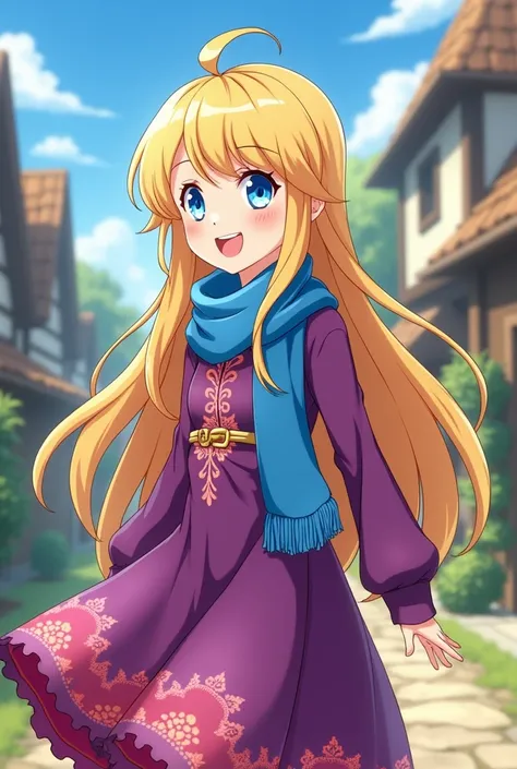 A happy little village girl with very long blonde hair and a bright blue eye wearing a bright blue scarf and a purple dress with a very dark pink in the style of anime