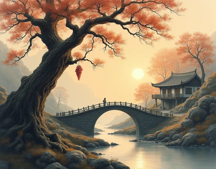 a detailed, high quality ancient Chinese painting of an aged, gnarled grapevine with dried, withered leaves, surrounded by a small bridge over a flowing stream, with an old, simple dwelling in the distance, as a cold western wind blows, and the sun sets, c...