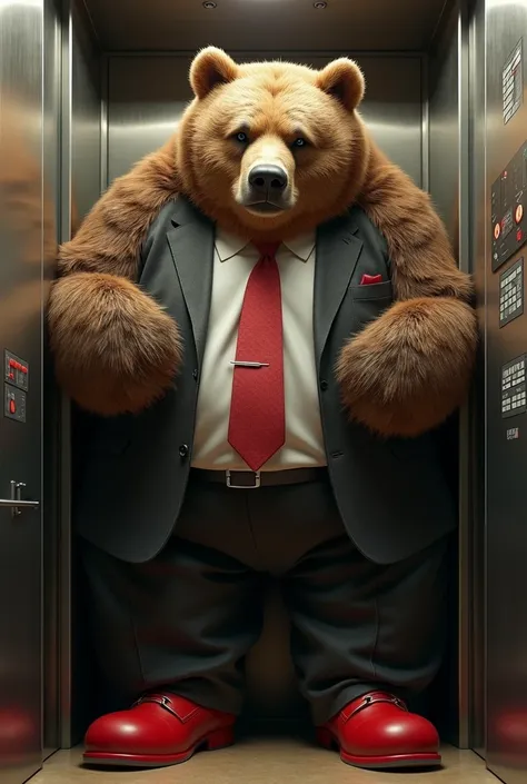 A very very fat grizzly stuck in an elevator wears a cool suit and red shoes