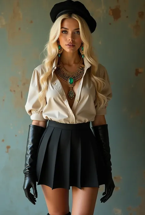  A beautiful full body professional photograph ,  from head to toe ,  of a beautiful blonde woman with dark brown hair , 25 years old,  with a short pleated skirt , wearing a collar blouse ,  with a beret on her head ,  with elegant elbow-length gloves ,  ...