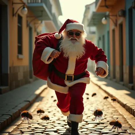 High definition image Santa Claus wears sunglasses carries a red bag on his back, supposedly containing presents, runs desperately to try to escape an attack of hundreds of house flies, light and shadow on his clothes, he is on a cobblestone street in the ...