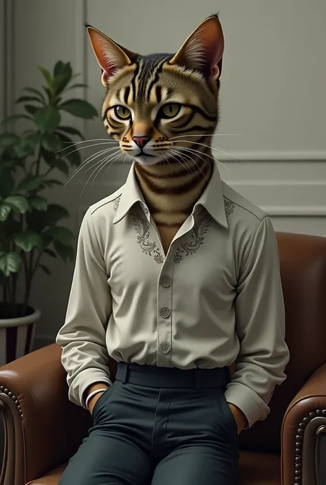 Create me an image of a cat Tom with a cigarette in his mouth, sad and thoughtful that the cat Tom is wearing pants and a shirt that is very beautiful and real.