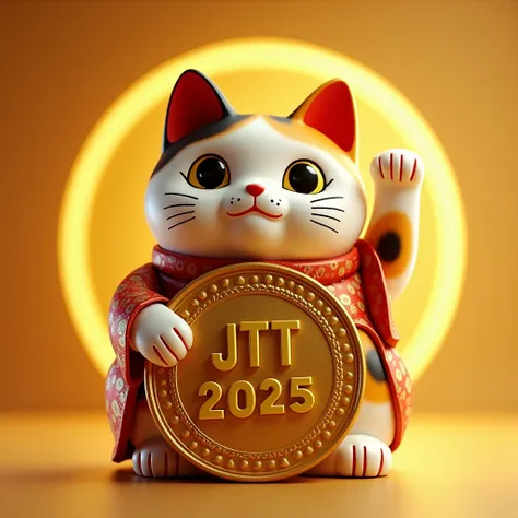  finished in 3DCG style 。Background gorgeous gold 、 Maneki Neko has a thick round gold plate engraved only with a smiling Munchkin Calico cat 、She「JTT 2025」とだけ彫られている大きな金貨風な金の丸い厚みの有る板を持っている、 her left hand is raised upward、 Shes wearing a gorgeous kimono 