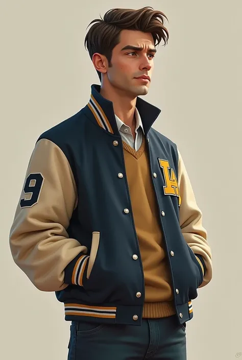 Make an adult character with a school jacket make him with a more adult trait, And a jacket from the school team .