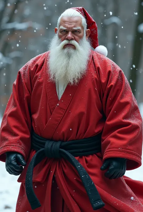 Muscular Santa Claus in black belt and red kimono