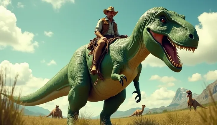 Captain Brown Cowboy with a Rope Riding the Very Extremely Giant Green Tyrannosaurus Rex in the Dinosaur Field 