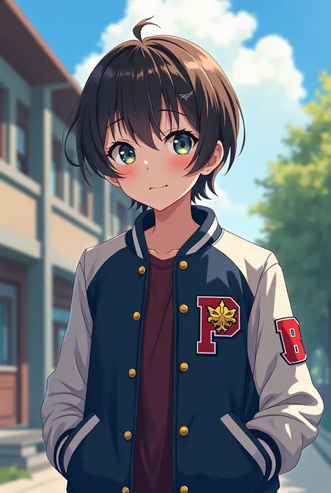 Make a young character with a school jacket, with an adult anime trait, And a jacket from the school team .