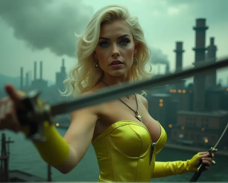 color noir style close up cinematic photograph of a beautiful blonde woman, green eyes, Marilyn Monroe style hair, sexy and sculptural body, beautiful breasts, tight canary green metallic steampunk outfit, wielding a sword with both hands, in the backgroun...