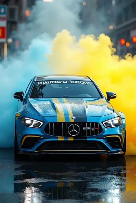 a Car colour Blue yellow and black and Name Kwasobeat on front glass and smoke come out 
