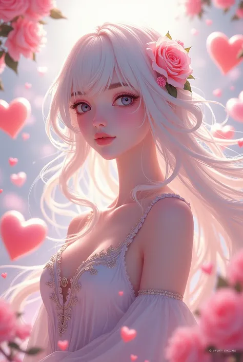 white hair goddess with hearts and flowers anime