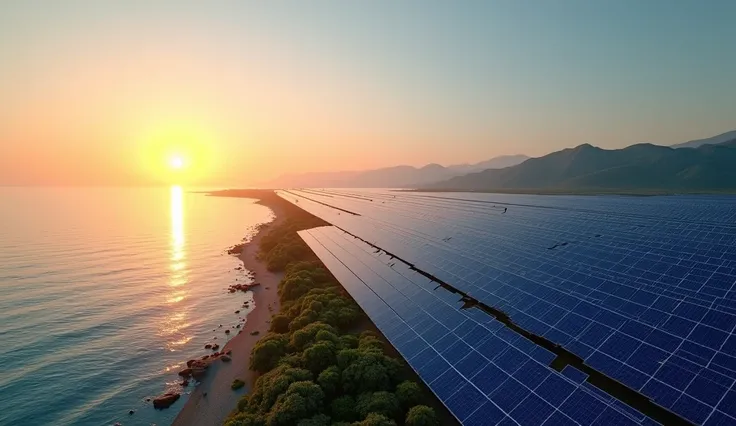 sun rising from calm sea coastline covered with blue colour solar panels farm  a closeup