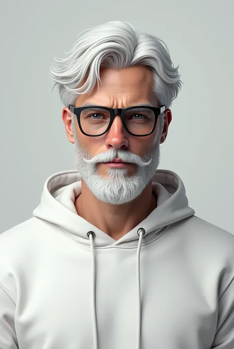 make an image of a young man who is wearing a fully white hoodie and he is wearing glasses in his face and he has white beard on his face make this image realistic 