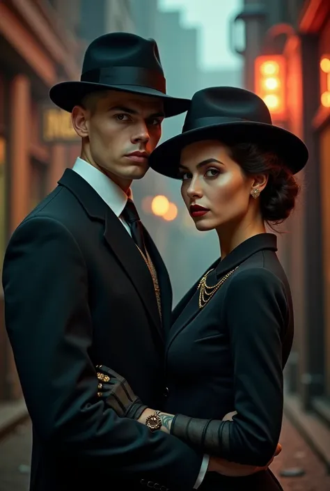 Generate me a photo of a couple in 20s Peaky Blinders style