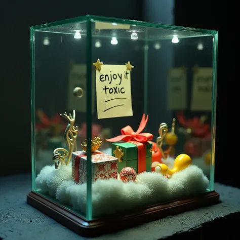 A glass box with a green and red bow inside there is a box of condoms and a yellow vibrator and sexual game objects and a note that says enjoy it Toxic