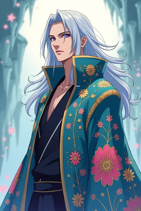 A tall and elegant man with long, flowing silver hair, depicted in the animation style of Naruto, featuring sharp, expressive lines and bold colors. He wears an intricate and colorful Japanese-inspired cloak with detailed floral and geometric patterns. His...