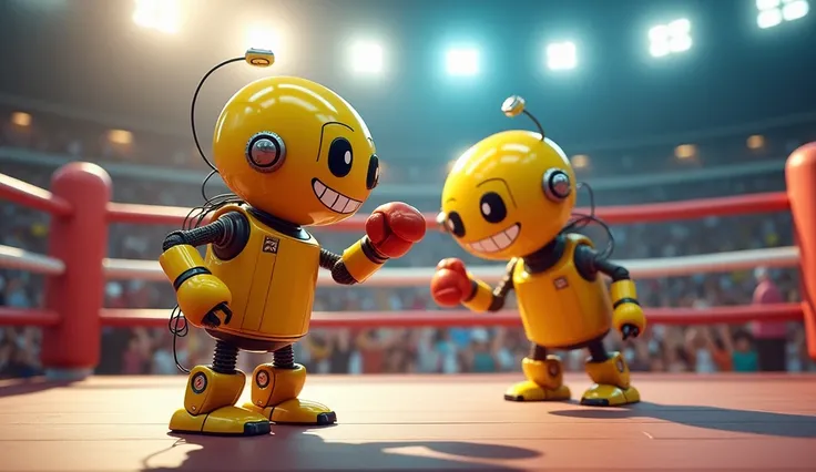 
A scene where a cute yellow robot is boxing