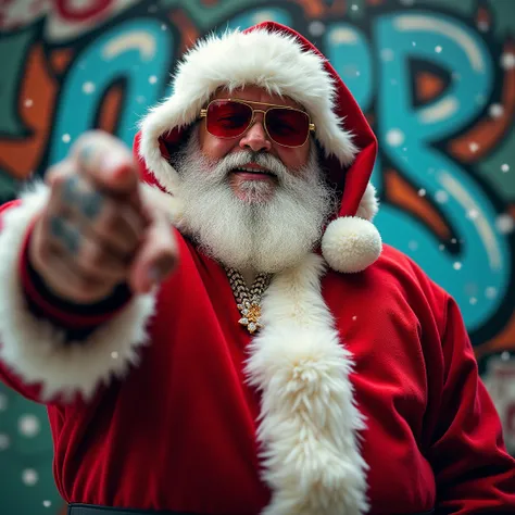 Rap Album cover of a Caucasian Santa Clause donned in red hip-hop street clothes white fluff trim and with a hood, with bling and red tinted sunglasses. Tattoos. Husky body type. Posing for a hip hop album cover in a dynamic pose. Dynamic rap pose. Rap alb...