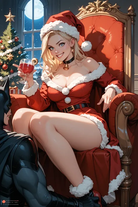 1man 1 woman, Batman is sitting on Santas throne wearing a Santa hat with a sly grin on his face while Supergirl is sitting on his crotch leaning way forward with a surprised expression on her face as her cleavage hangs down, Christmas themed background