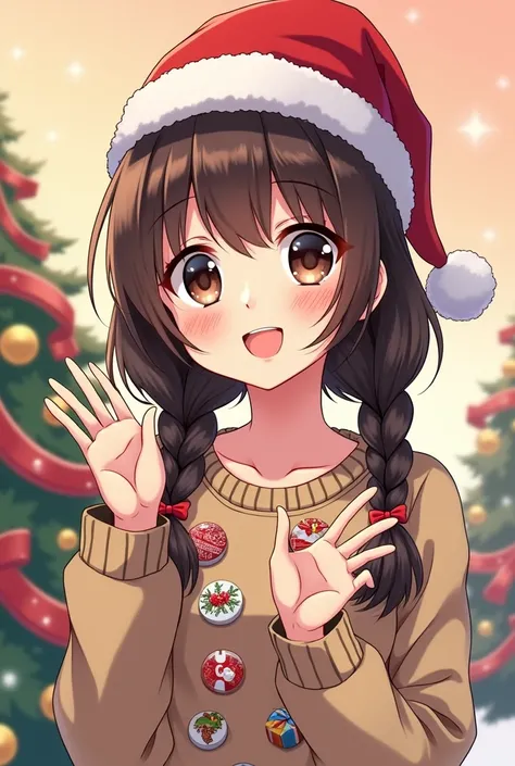 Create a manga style drawing of a girl styled with two braids, brown haired,  dark brown and big eyes that wears a big smile and you see that she is congratulating Christmas with a gesture such as greeting with one of her hands.  She is wearing a Christmas...