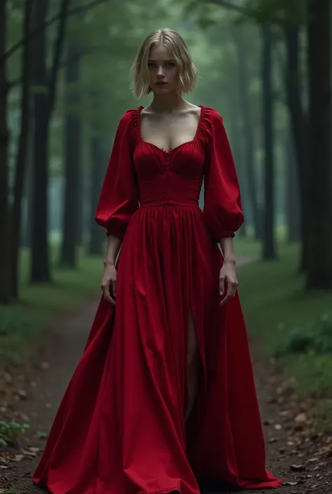 A 24-year-old European blonde woman is walking towards the viewer wearing a long red dress of the nobility and a tunic that hides her face,  short hair, cleavage, forest night background, Photo RAW, Realistic, ultra-detailed,  ultra realistic , 8k,