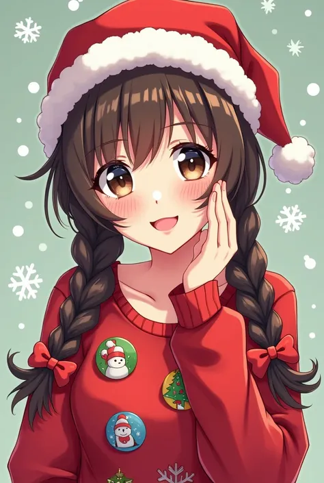 Create a manga style drawing of a girl styled with two braids, brown haired,  dark brown and big eyes that wears a big smile and you see that she is congratulating Christmas with a gesture such as greeting with one of her hands.  She is wearing a Christmas...