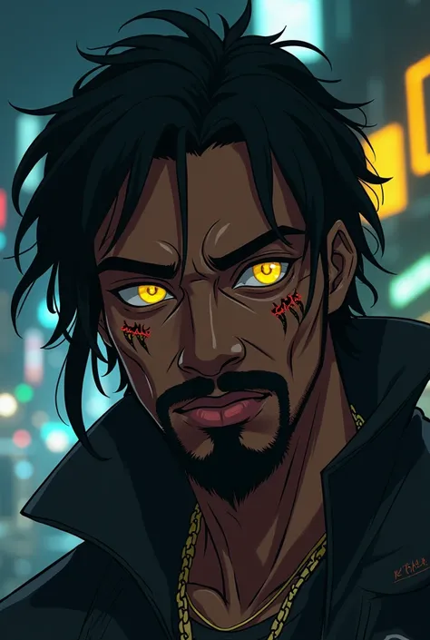  black hair, ojos amarillos, Arabian skin ,  young man,  cyberpunk factory , businessman, ganster, thick moustache , African, Anime style, ritual marks on the skin,  deep look , portrait, Cyberpunk , Psychopathic expression