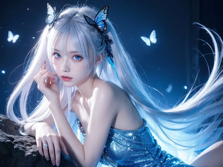 magical, white hair coulor, teenager,blue eyes, anime, female, longhairs, fantacy,dark blue tone, glowing blue butterfly, beautiful, blur behide, nightglow, divine , deity, dark, chinese dress, goddess, fantacy land, deity land, god land, angle, dream,crys...