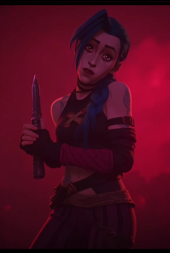 --prompt jinx, a woman with blue hair and tattoos holding a knife, 1girl, long hair, short hair, 1boy, navel, bare shoulders, closed mouth, detached sleeves, green hair, fingerless gloves, pink eyes, twin braids, crop top, gradient background, letterboxed,...