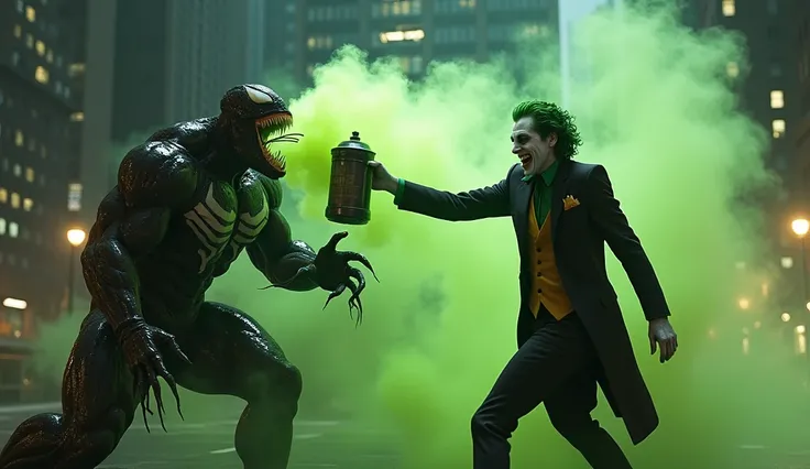 The Joker spraying poison gas on Venom, ultra realistic and professional images  