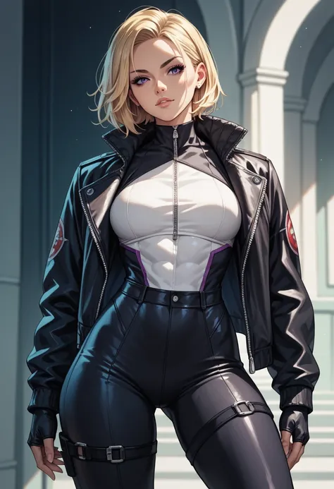 white female adult, athletic build, blonde hair, purple and black hero suit with short jacket, high quality, toriyama anime style, safe for work