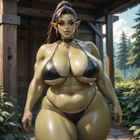 正確なpeople体、 anatomically correct、５ Fingers, Fantasy World、 in the woods、Settlement、Orc Woman１people、huge tits、huge hip、 semi-long hair、 plump 、 chubby、 plump 、 plump body、round face、 green skin、 shiny skin 、oily skin、Leather bikini、 fur waistband、 ponytail...