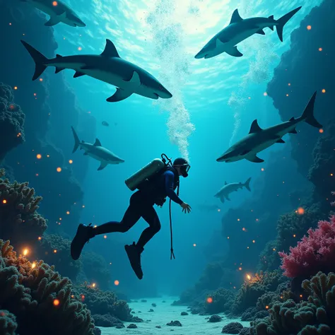 Underwater scuba diver Christmas sharks 