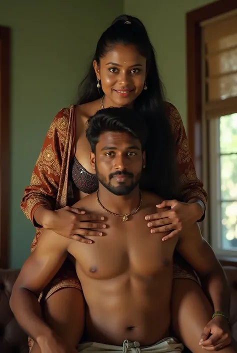 The beautiful Malayali woman sits on her servants  boys shoulder, women age is 30, large breasts, Wearing printed Kurtis, bra, ponytail Black Hair, full figure, Drunk, walking, reverse shoulder ride, wearing shoes , close up, dancing, realistic photos, rea...