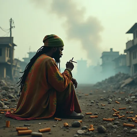 Un rastafari assis qui tourne le dos, tient un joint, des mégots par terre, 4k, fumée, scène de guerre