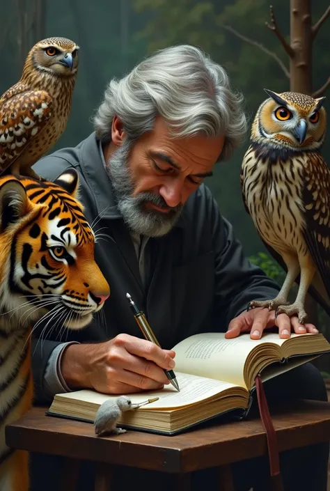 A man leaning with a grey hair, sits amidst his menagerie. Heâs deeply engrossed in writing in a half full notebook with a pen, while a majestic tiger calmly gazes on. Meanwhile, an owl perches knowingly on his shoulder, and a heron cendré look at him