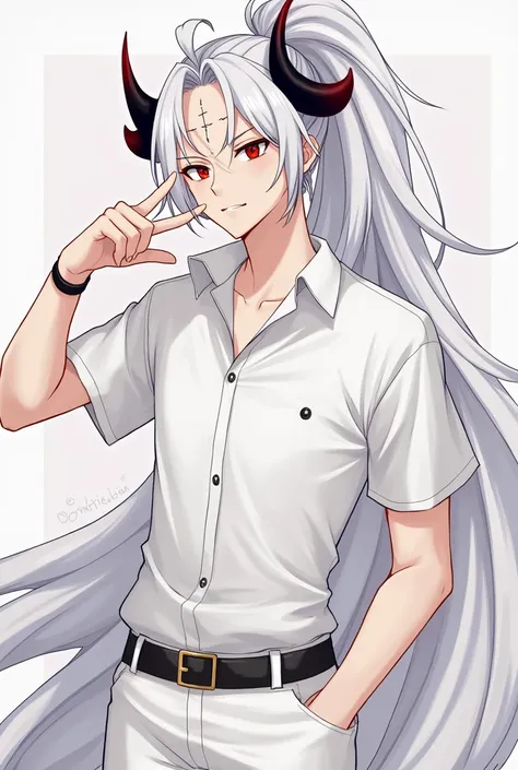  Long-haired male character in a white ponytail, PIEL BLANCA,  red eyes with an inverted cross color black , an inverted cross on the forehead ,  horns black with red tips , camisa blanca,  white pants, 