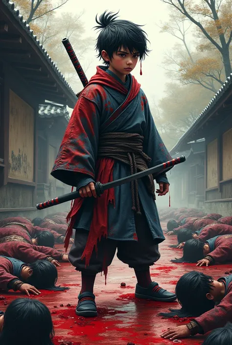 A teenage ninja boy covered in blood and dead bodies on the ground,  Japanese style  