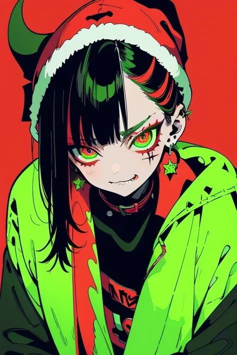 ( top quality )Demonic anime girl, dark-haired,Droopy eyes,Santa Claus clothes，length, half up,neon green and red color background,  smirking face,