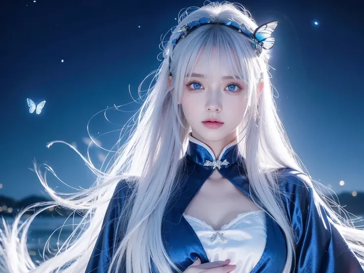 magical, white hair coulor, teenager,blue eyes, anime, female, longhairs, fantacy,dark tone, glowing blue butterfly, beautiful, blur behide, nightglow, divine , deity, dark blue, chinese dress, goddess, fantacy land, deity land, god land, angle, dream,crys...