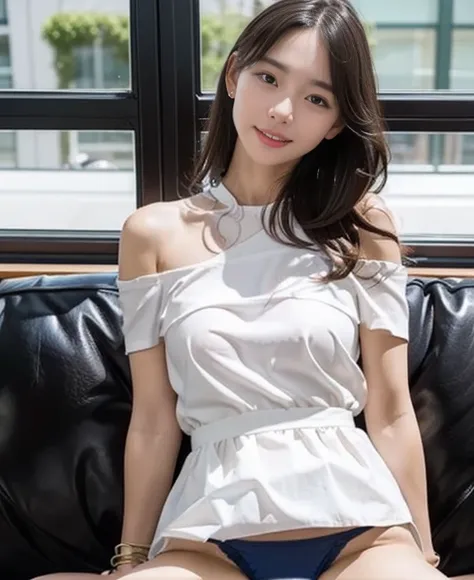 （   girl sitting on an office sofa  、 Spreads her legs )、Beauty、  One person womens 、One person、  viewer、 Smiles、    beautiful eyes of God   、beautiful neckline、joya、  small breasts 、shut up、 Short bangs、manicure、  bracelet  、Lips、     gray eyes   、retrato...