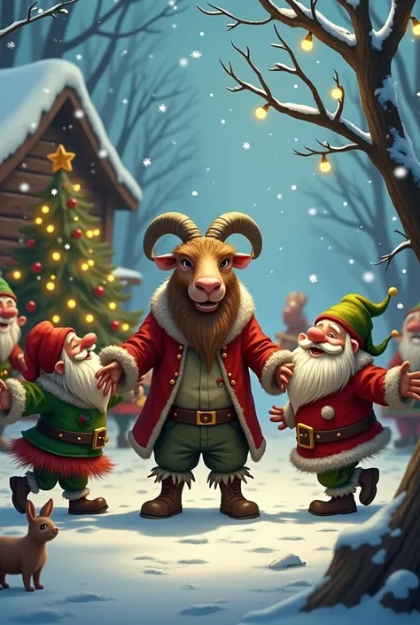 Make a Christmas image with several dwarves dancing around a man with a goats head