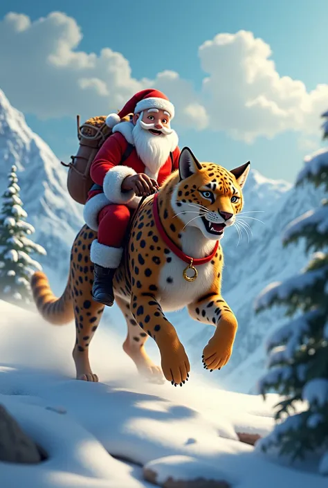 A dog-leopard ridden by Santa Claus in a snowy mountain setting, wishing everyone a Merry Christmas.