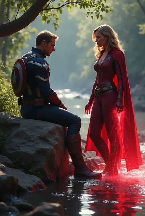  Captain America  Without a head mask Sitting on a rock by the river  and Scarlet witch is bewitching and hypnotizing minds with her red magic powers