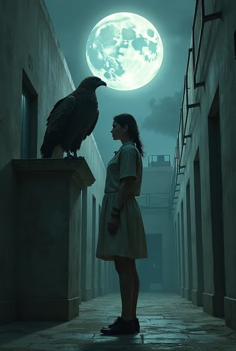 A woman in prison with an eagle on a full moon evening