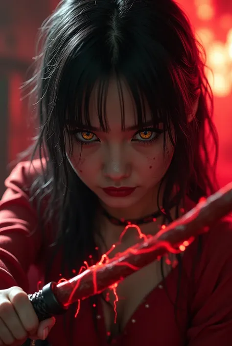  very detailed,  super high res,  High Contrast , masterpiece,  realistic , Scary scenes,  Pretty Woman ,  golden eyes,  black hair, 恐ろしいevil魔の鎧, (( Emits Red Electricity While Waving a Whip)), Grey Skin, evil, Commanding,  邪evilな表情 , ( Heavy Terrible Eyel...