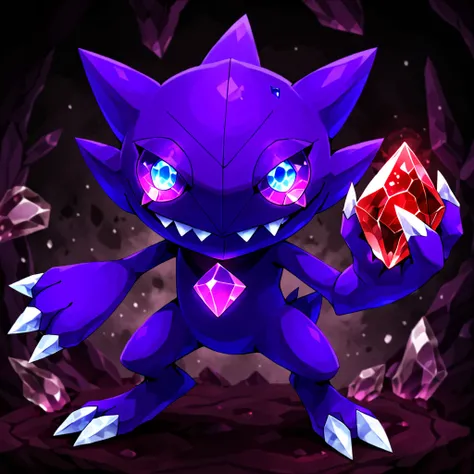 Sableye, Darkness Pokémon, Solo, whole body, crystal eyes, 3 fingers, 3 toes, red crystal,